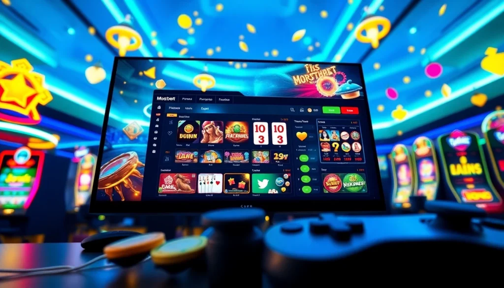 Mostbet platforma ilə müasir onlayn oyunun görüntüsü, rəngarəng slot maşınları təqdim edir.