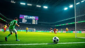 Live football match featuring tỷ lệ kèo on digital scoreboard, capturing the excitement of betting.