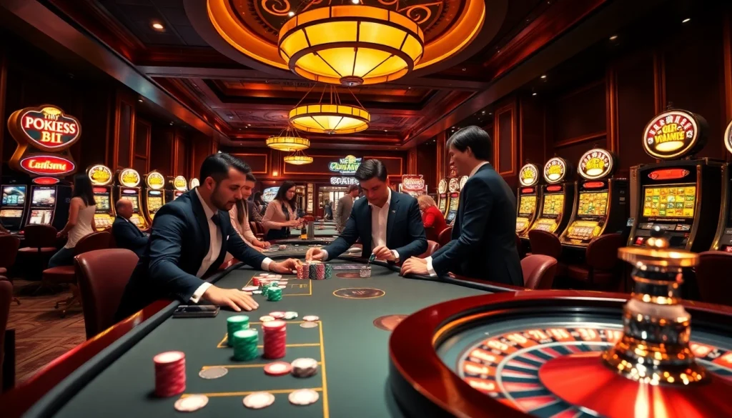 Une scène palpitante de joueurs engagés dans des jeux à enjeux élevés à une table de casino en ligne Français, entourée de machines à sous vibrantes.