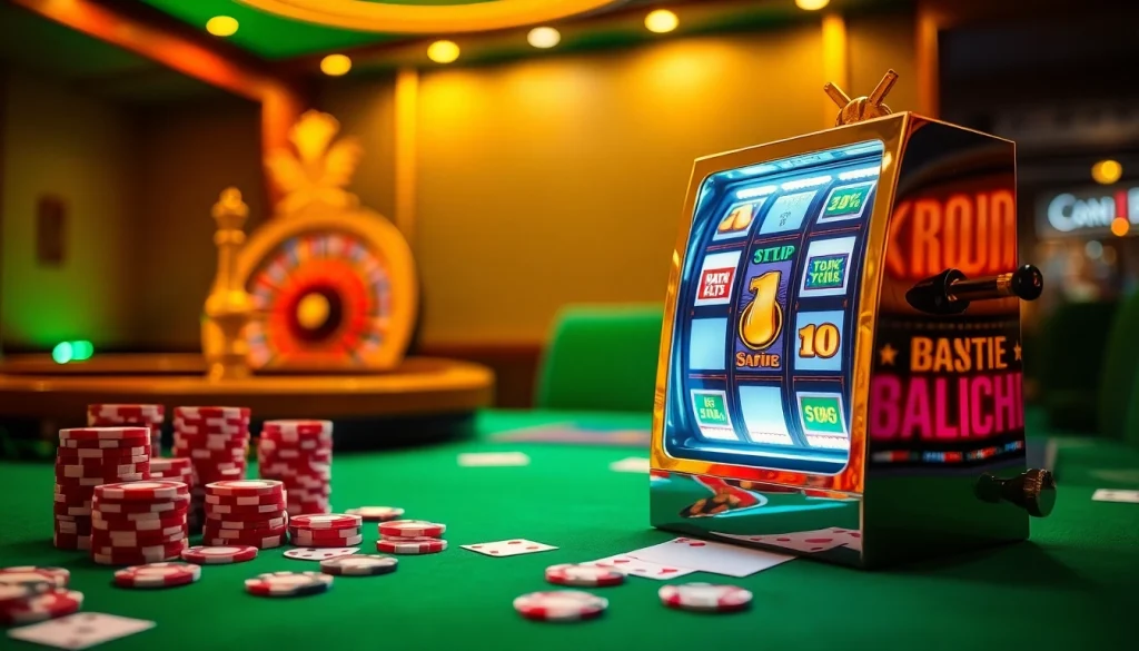 Engage in intense gameplay as you explore slot online hari ini with vibrant slots, chips, and cards in a luxurious casino setting.