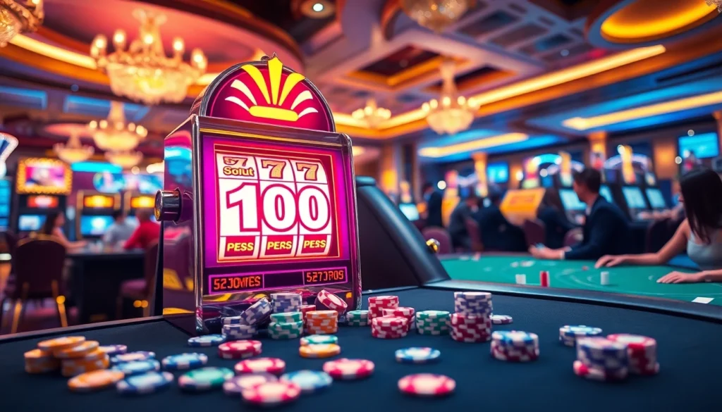 Penjudi yang bersemangat berinteraksi dengan mesin slot yang menampilkan slot bonus 100 Persen dalam suasana kasino mewah.