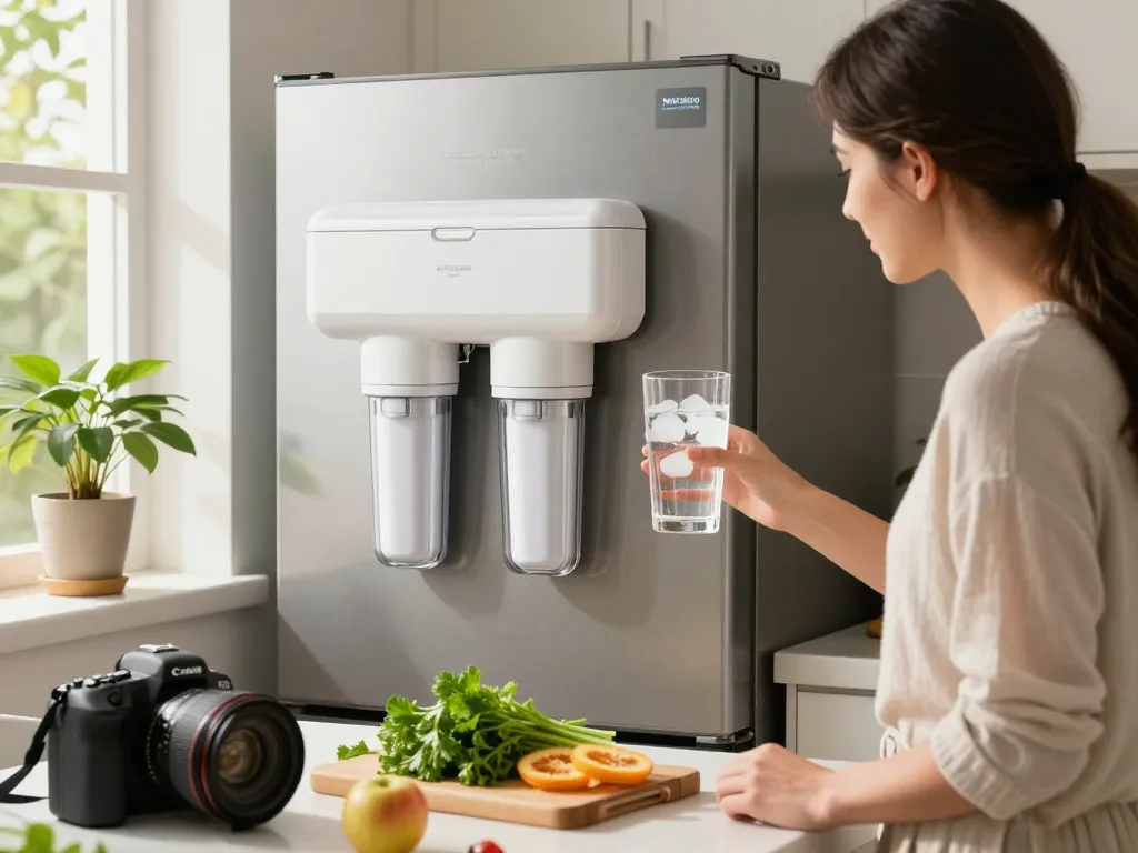 Waterdrop Plus LT1000PC ADQ747935 NSF 401 Refrigerator Water Filter showcased in a modern kitchen with fresh ingredients, highlighting the importance of clean drinking water.