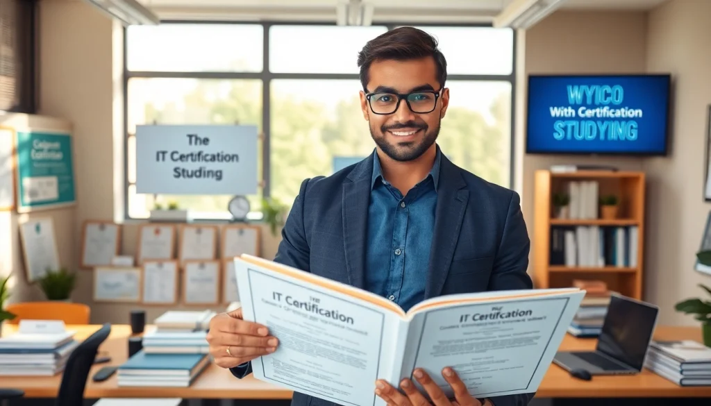 Showcasing IT certifications without studying in a vibrant office with certificates and tech gadgets.