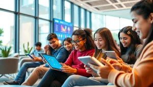 Youdao language learning app showcased in a modern educational setting, with students engaged in digital learning.