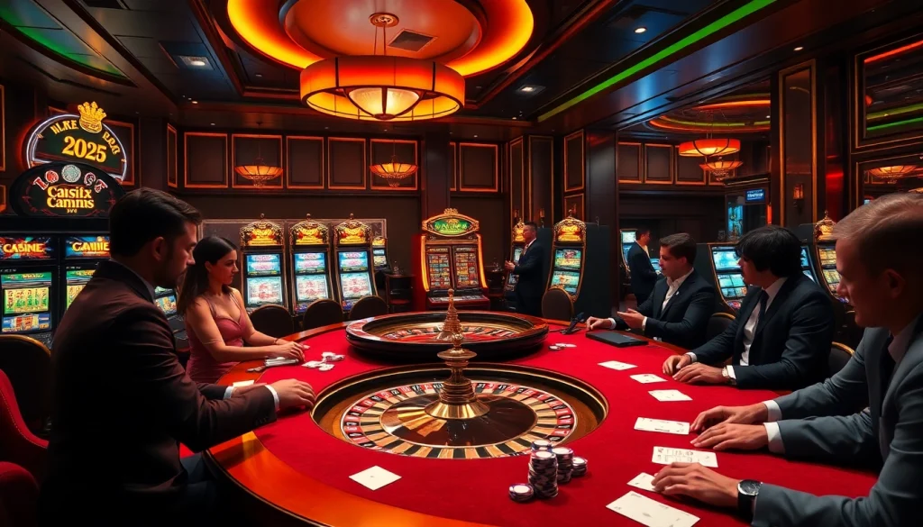 Découvrez l'excitation du meilleur casino en ligne 2026 avec des joueurs à une table de roulette dans un casino luxueux.
