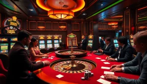 Découvrez l'excitation du meilleur casino en ligne 2026 avec des joueurs à une table de roulette dans un casino luxueux.