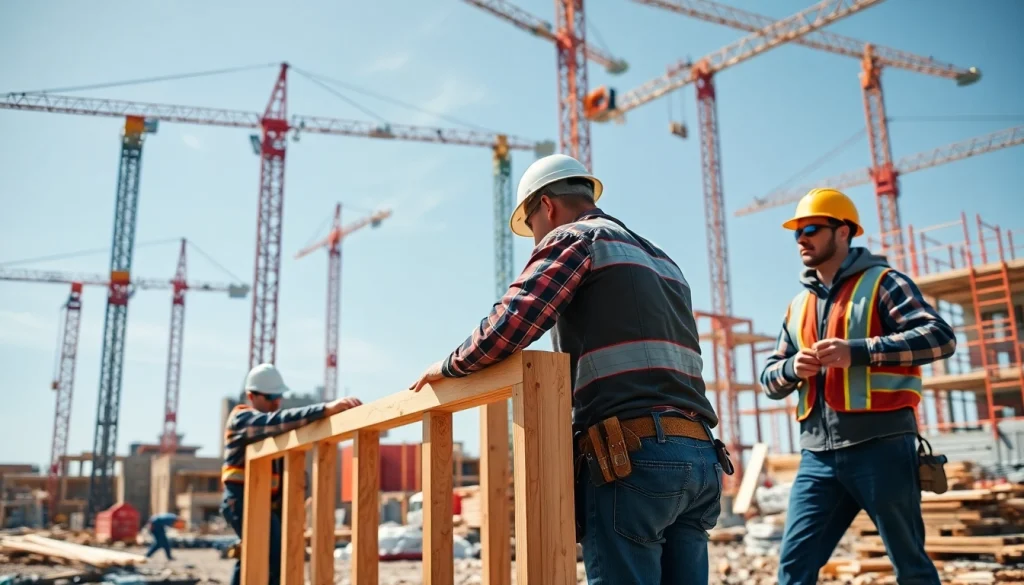 Construction career: Skilled workers collaborating on a construction site with cranes in the background.