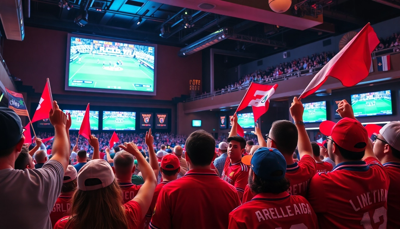 스포츠중계를 즐기는 다양한 팬들이 대형 화면 앞에서 응원하는 모습입니다.