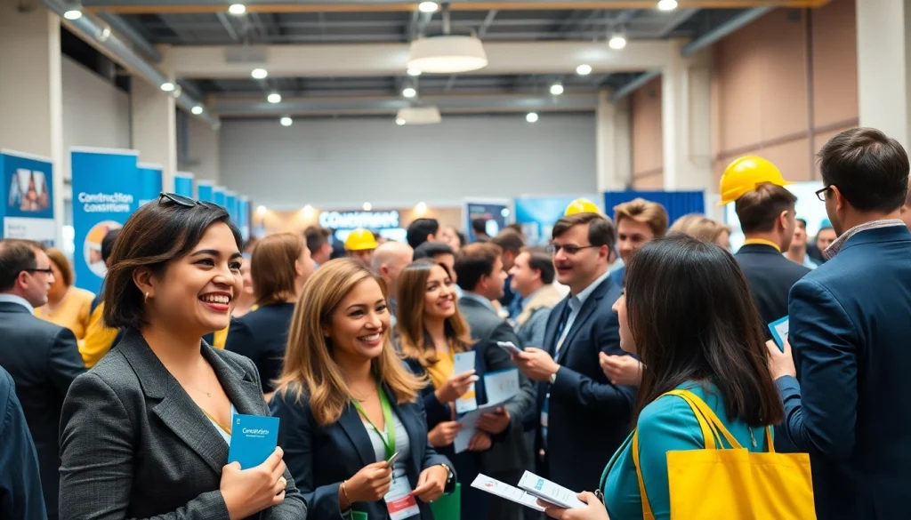 Engaged participants at construction networking events exchanging ideas and connections.