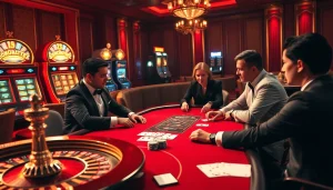 Capturez l'excitation du meilleur casino en ligne 2026 avec des joueurs de poker à enjeux élevés dans un cadre de casino élégant.