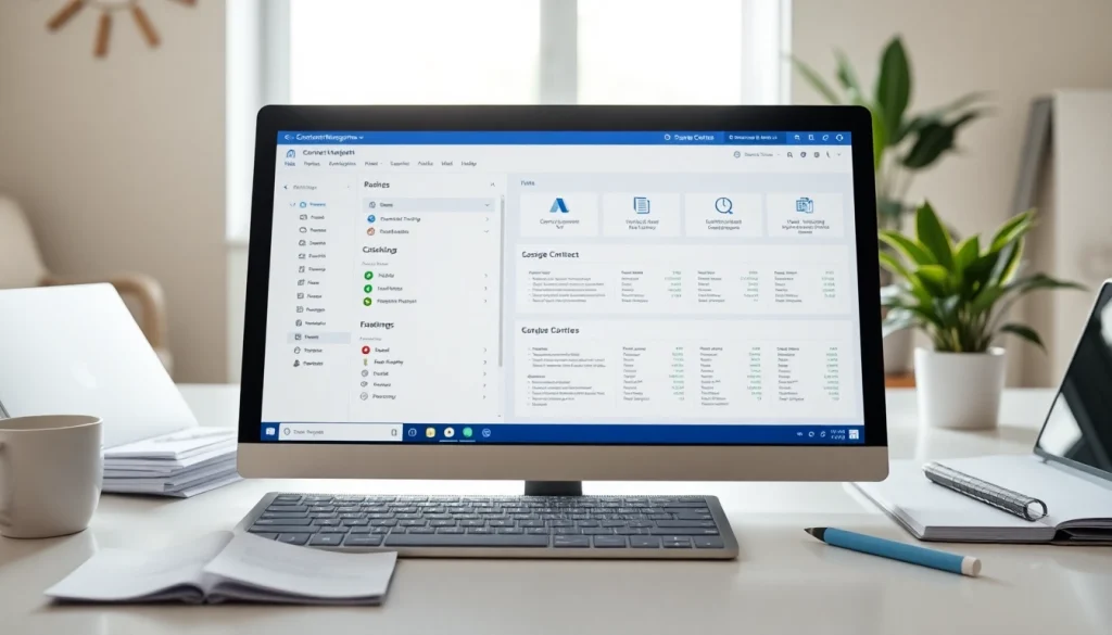 Visual representation of Contract Management software features in a modern office setting.