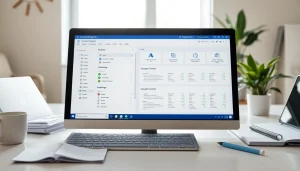 Visual representation of Contract Management software features in a modern office setting.