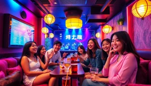 친구들과 함께 노래를 부르는 매력적인 제주도유흥 노래방 장면, 화려한 조명과 음료.