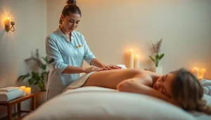 평화로운 스파 환경에서 이완 치료를 제공하는 마사지 치료사.