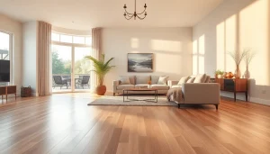 Lvp flooring enhancing a modern living room's elegance with a cozy atmosphere.