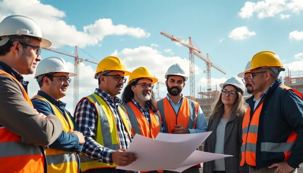 Construction career professionals collaborating on site plans at a vibrant construction location.