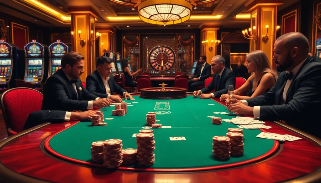 Vivez des moments palpitants au meilleur casino en ligne 2026 avec des joueurs engagés à une table de poker luxueuse.