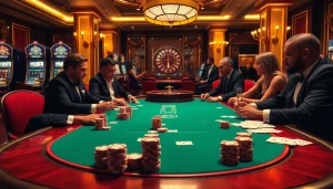 Vivez des moments palpitants au meilleur casino en ligne 2026 avec des joueurs engagés à une table de poker luxueuse.