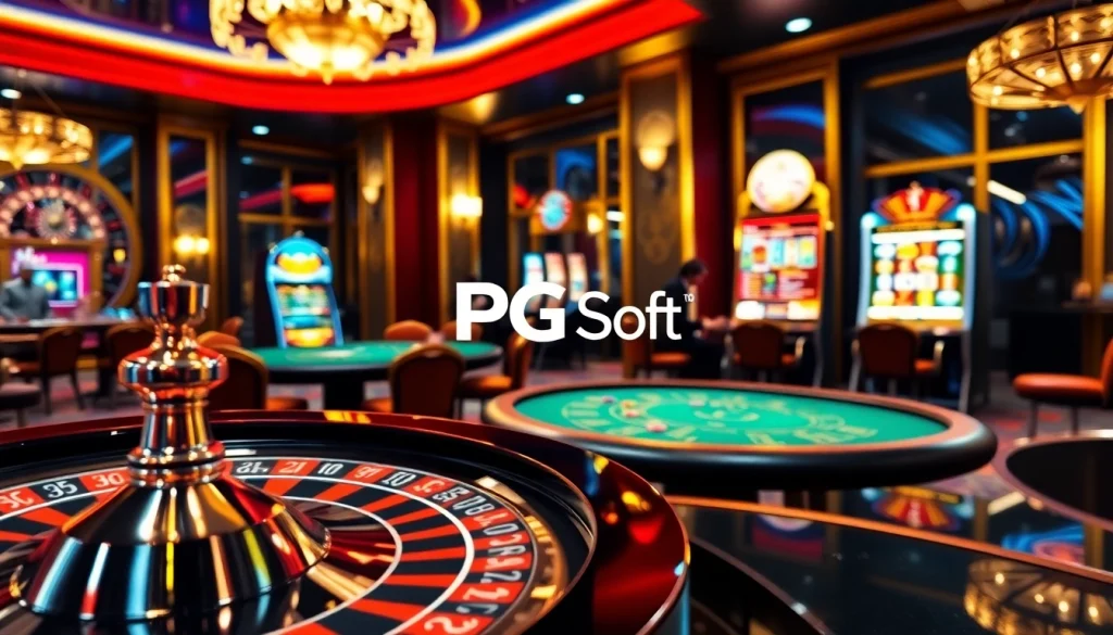 Experience exciting gaming with PG Soft amidst a lavish casino setting featuring elegant tables and vibrant slot machines.