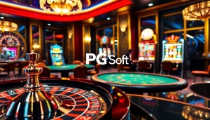 Experience exciting gaming with PG Soft amidst a lavish casino setting featuring elegant tables and vibrant slot machines.