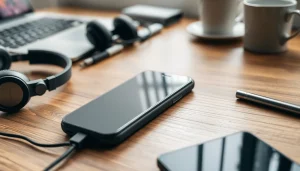 Präsentation der hochwertigen Handytasche Magnetverschluss auf einem Schreibtisch mit Smartphone-Zubehör.