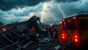 Spains train crash scene with emergency responders aiding victims and twisted metal debris.