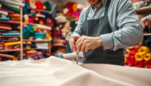 Zachte stof voor kleding wordt nauwkeurig geknipt door een professionele kleermaker in een heldere werkplaats.