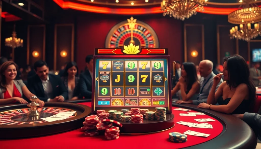 Scène captivante de meilleur casino en ligne 2026 avec une machine à sous vibrante, des jetons de poker et une roue de roulette.