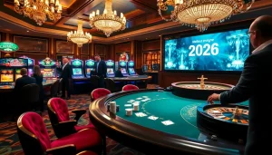 Joueurs ravis s'engageant au meilleur casino en ligne 2026, avec des machines à sous vibrantes et des tables élégantes.