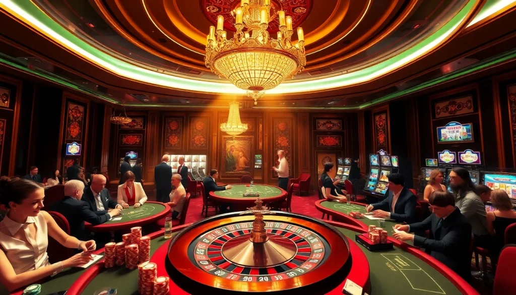 Vivez le luxe et l'excitation dans un casino en ligne Français animé avec des joueurs de poker et une roulette colorée.