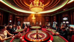 Vivez le luxe et l'excitation dans un casino en ligne Français animé avec des joueurs de poker et une roulette colorée.