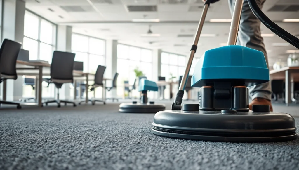 Commercial carpet cleaners demonstrate effective techniques for a spotless office space.