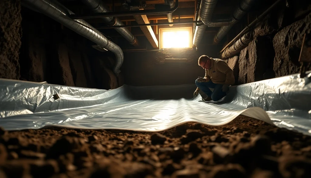 Workers demonstrating vapor barrier installation in a crawl space, ensuring moisture control.