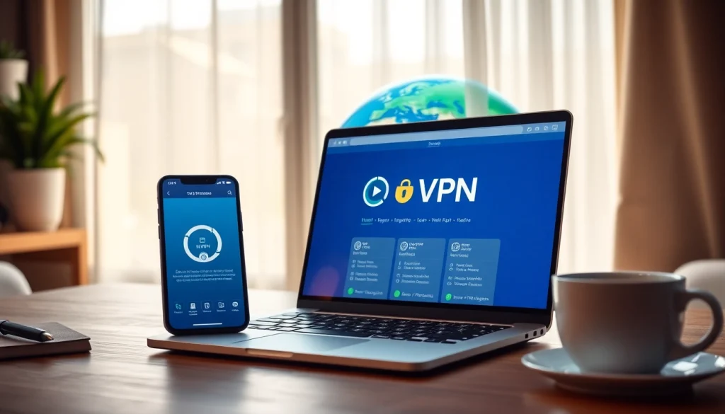 笔记本电脑上展示全球连接与安全网络访问的快连VPN界面。