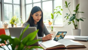 Image to prompt generator in action with a young woman exploring AI-generated images in a vibrant workspace.