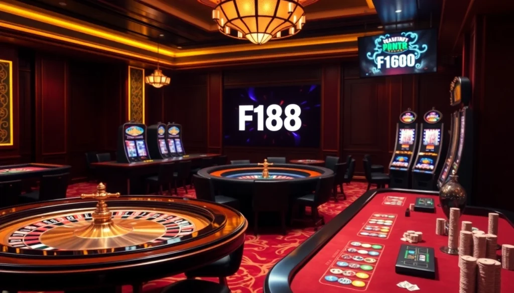 Exciting casino action at F168, featuring poker tables and sleek online gaming interfaces.